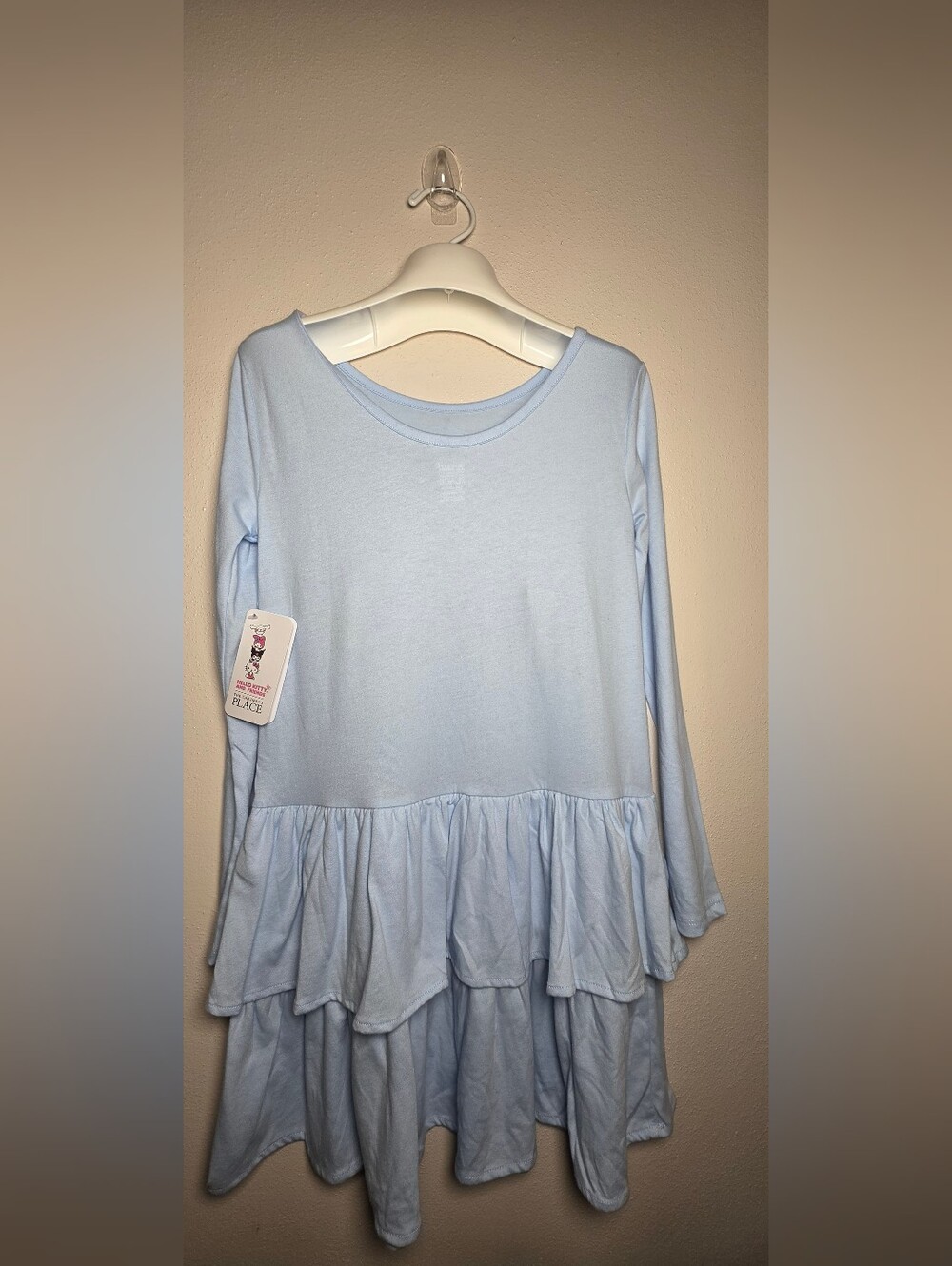Light Blue Long-Sleeve Ruffle Hem Kids Dress with Cute Face Detail - Picture 4 of 7